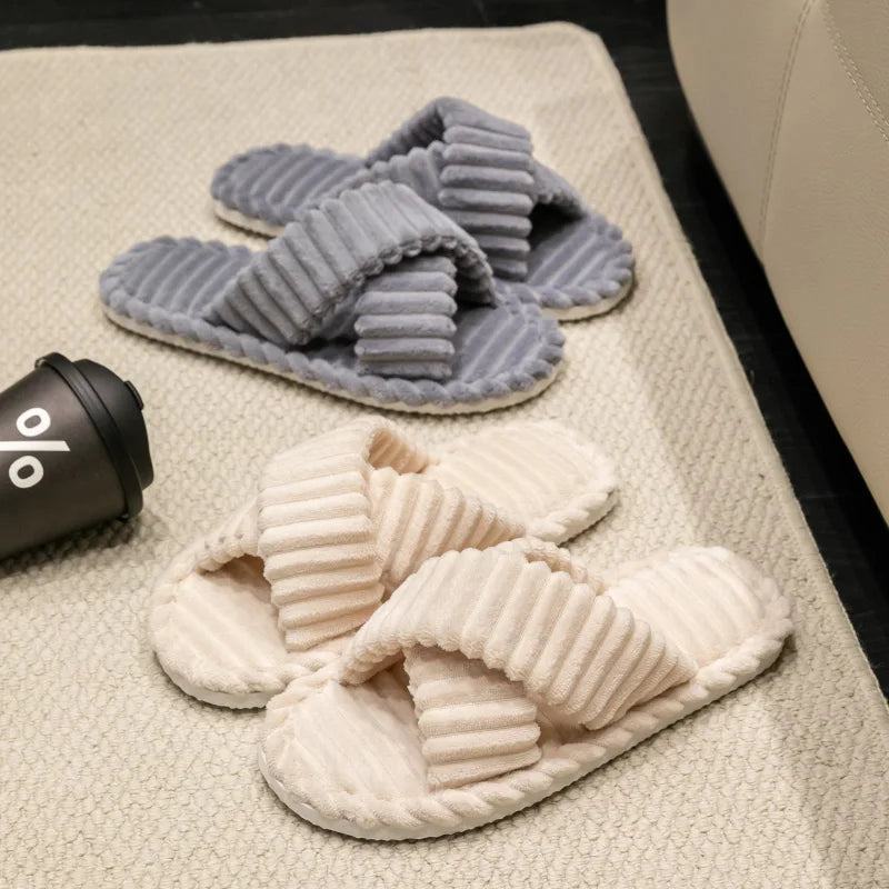 Fashion Corduroy Cross Band Open Toe Home Slippers Women Autumn Winter Warm Plush Slides Ladies Bedroom Soft Sole Slippers