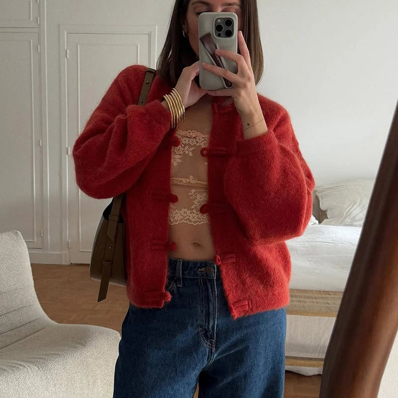 Elegant Knitted Print Women's Cardigan Loose Full Sleeve Stand Collar Zipper Sweaters Female 2026 Autumn Outwear Pockets Lady