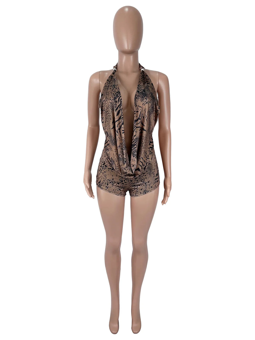 Sexy Leopard Print Halter 2 Piece Set Backless Top + Shorts