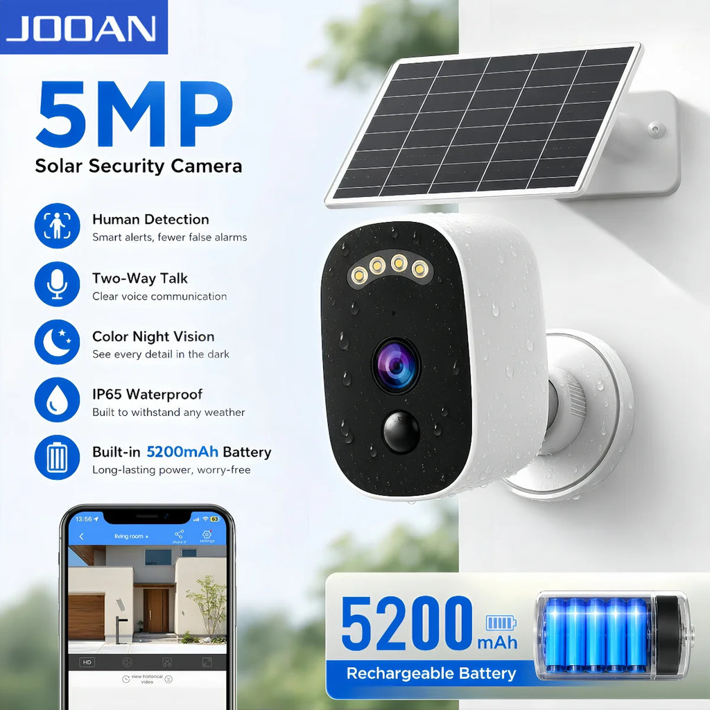 JOOAN 5MP WiFi Solar Camera Outdoor Wireless Battery Powered Security Camera PIR Human Detection Night Vision IP66 Waterproof