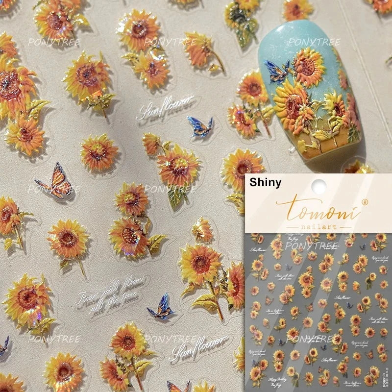 Gold Stamped Frame Oil Painting Style Sunflowers Metal Bead 3D Self Adhesive Nail Art Stickers Autumn Manicure Decals Wholesale