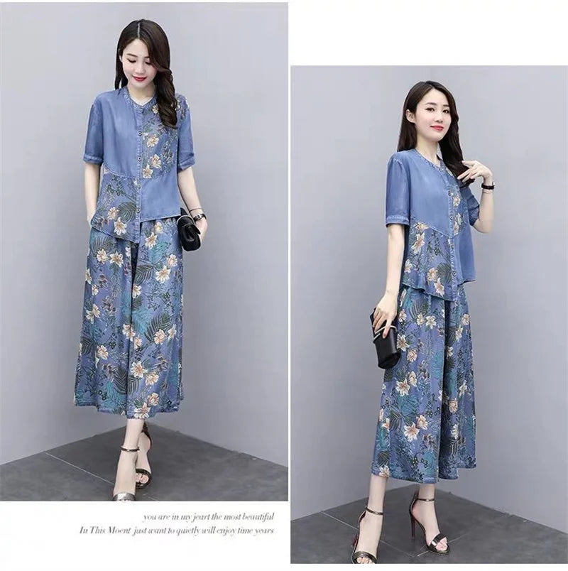 Ethnic Style Denim Wide Leg Pants Sets For Women Spring Summer NEW Embroidery Cowboy Jacket +Jeans Pants Suits Female Outfits