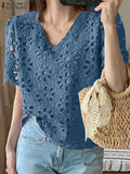 ZANZEA Summer Fashion Embroidered Openwork Blouses Women Casual V-Neck Short Sleeve Hollow Out Lace Blusas Mujer Solid Chemises