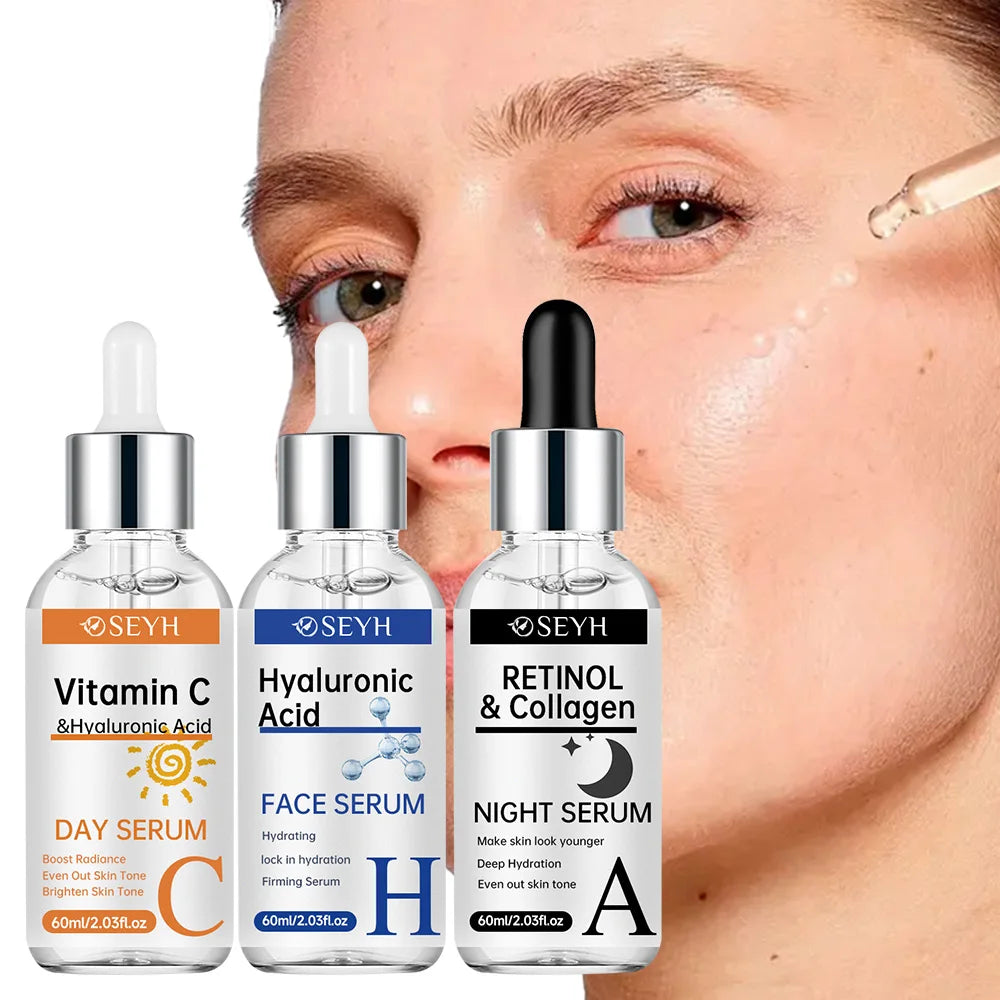 SEYH 3-Piece Set Day & Night Vitamin C + Retinol + Hyaluronic Acid with Collagen Aloe Vera Niacinamide Brightening Skin Tighteni
