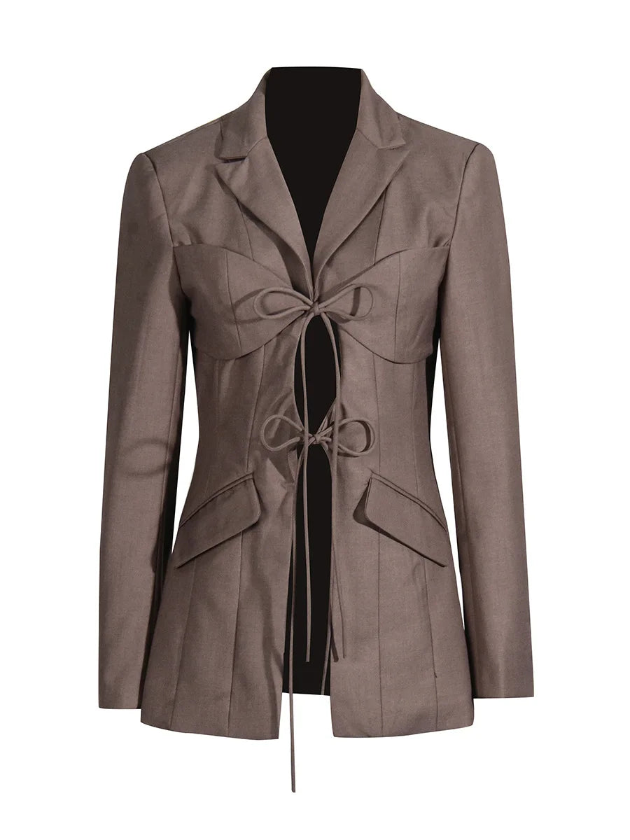 gestring Women Blazer 2025 Spring Fashion Hollow Out Lace Up Sexy Long Sleeve Ladies Black Blazer Coat Women's Slim Suit Jacket