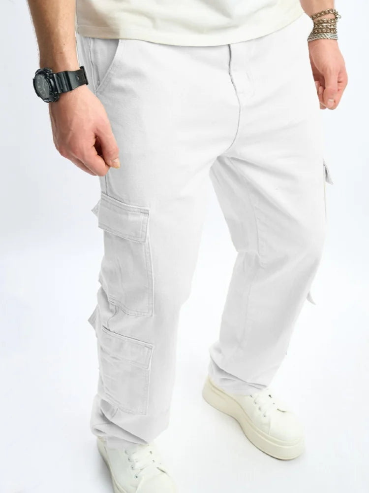 Mens Multiple Pockets Cargo Loose Jeans Streetwear Straight Casual Outdoor Trousers Male Clothing Fashion Denim Pants White