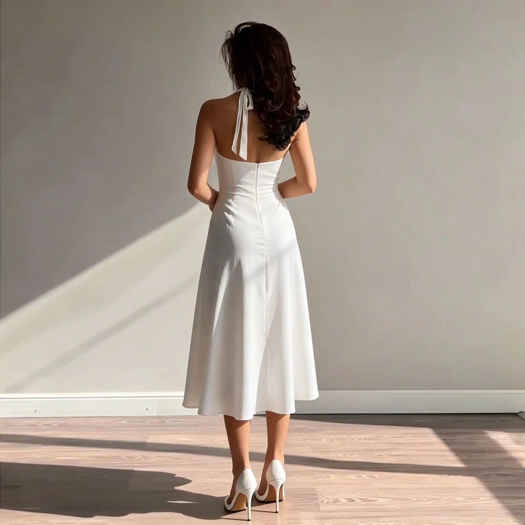 Women Satin Halter Midi Dress Square Neck Ruched Split Slim Long Dress Elegant Wedding Guest Evening Party Sleeveless White Dres