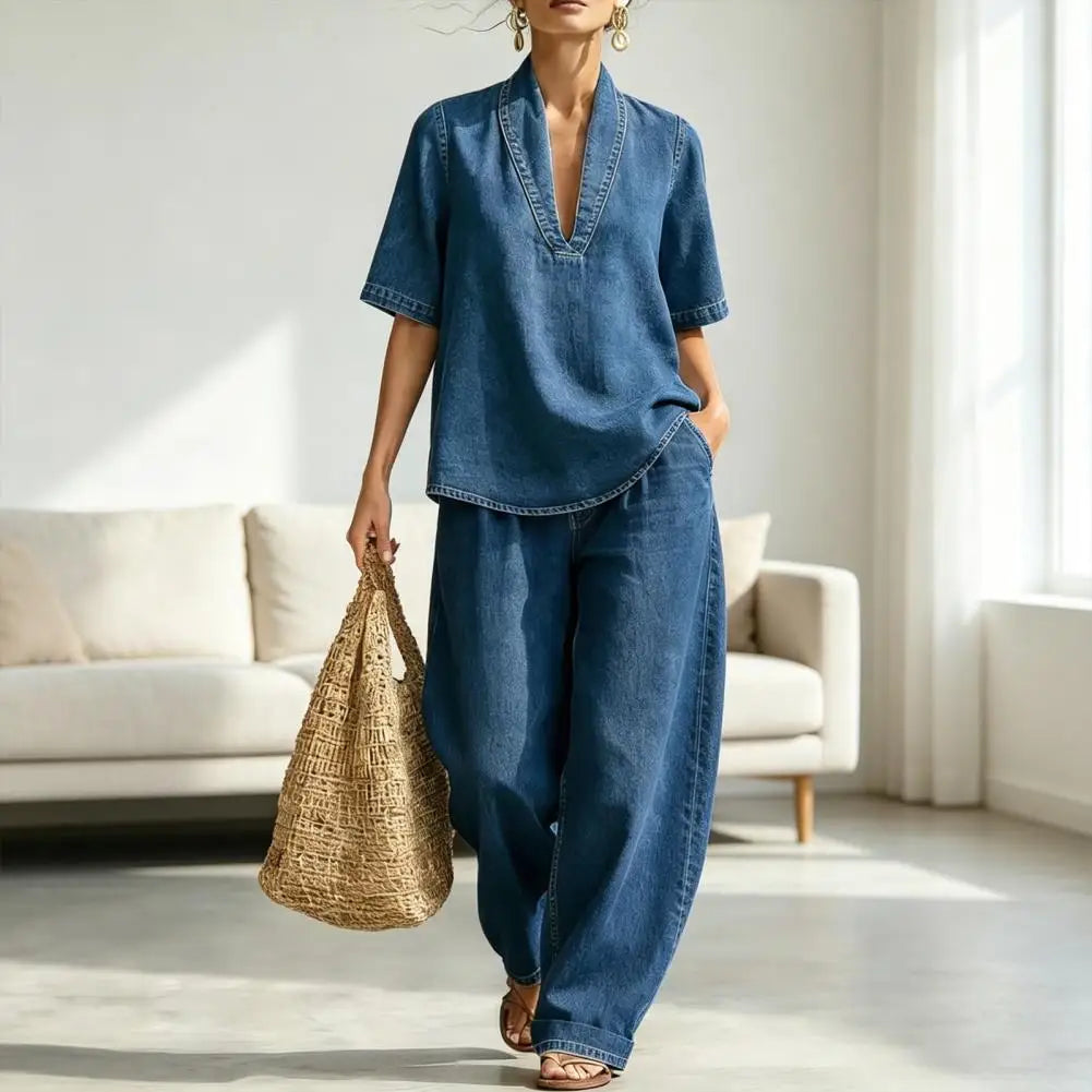 Women's Summer Denim 2 Piece Set Short Sleeve Lapel V Neck Top Wide Leg Pants Casual Vacation Tracksuit Outfits