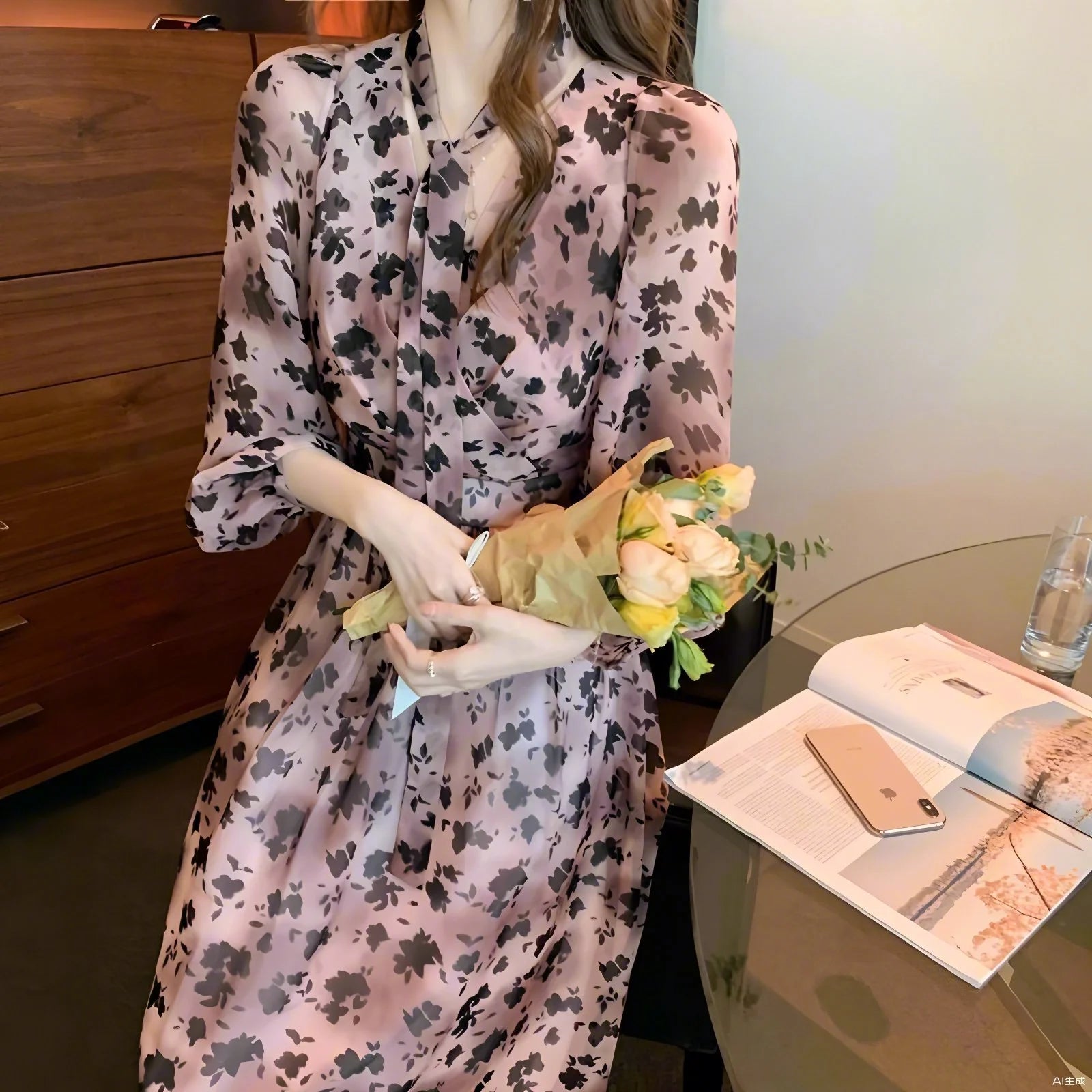 Women's chiffon lantern sleeve big swing dress V-neck floral long dress spring and summer French dress