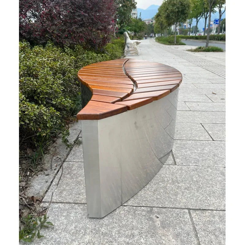 Thermal Designer Wooden Bench with Stainless Steel Frame Dual-Purpose Indoor Outdoor Seating Leaf-Shaped Wooden Slat Seat
