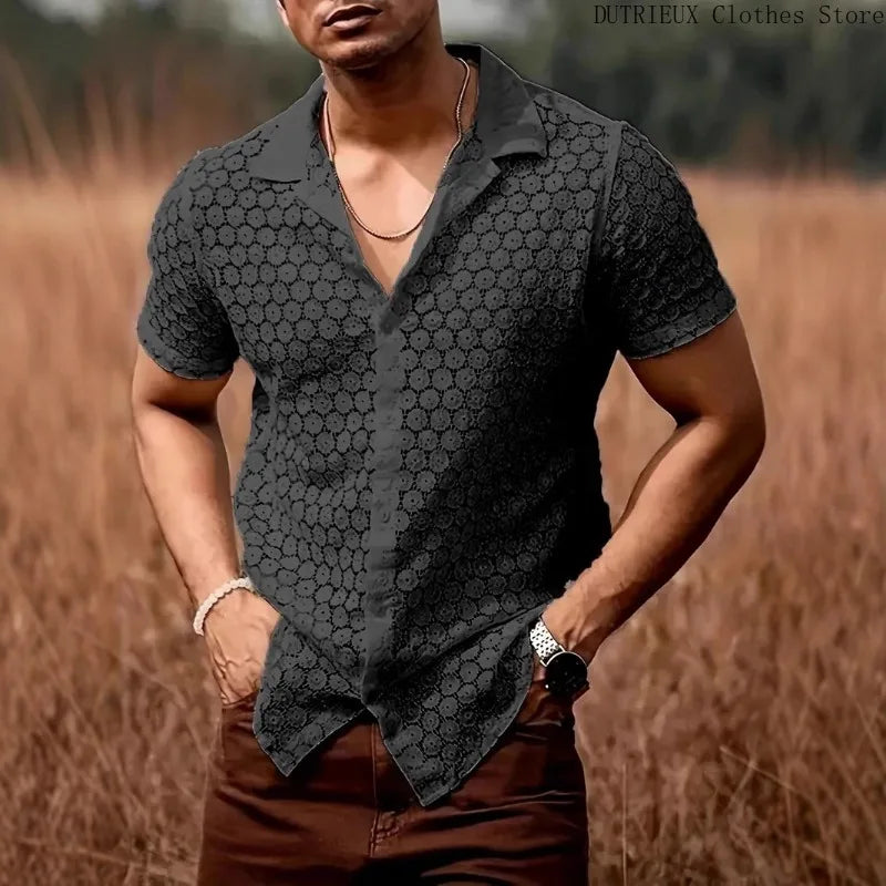 Spring/Summer Men's Fashion Lace Short-sleeved Shirt Party Club Sexy Hollowed-out See-through Shirt Casual Street Men's Clothing