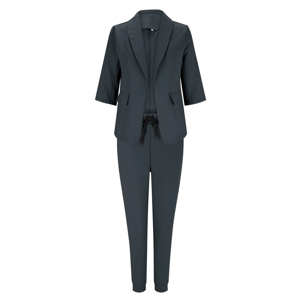 2024 Women's Two Piece Pant Suit Set Outfits Spring Autumn Turn Down Print Blazer Coat Drawstring Pants Suit Women Casual Sets