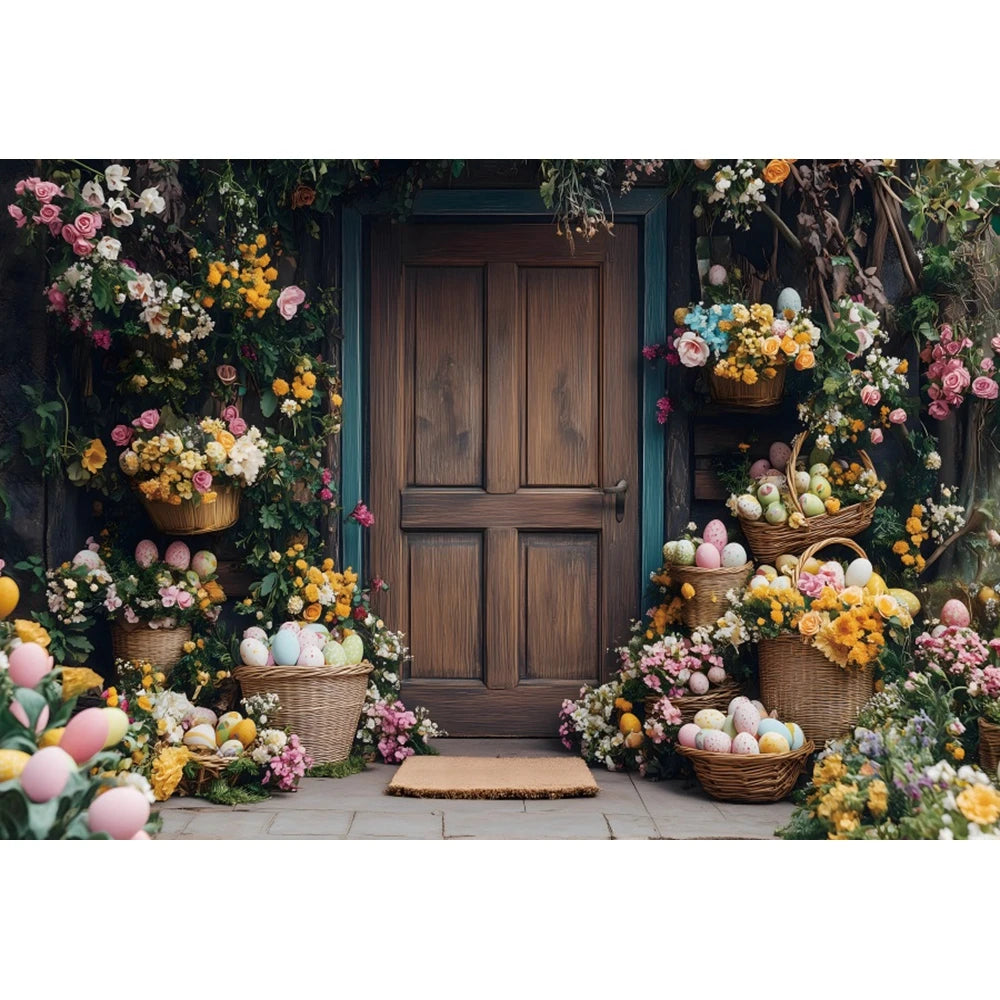 Happy Easter Day Photography Background Blue Wood Board Easter Egg Spring Flower Rabbit Kid Birthday Portrait Photocall Backdrop