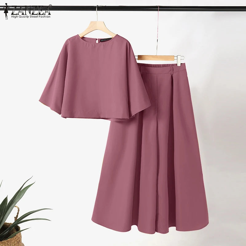 ZANZEA Women Causal 2PCS Pant Sets Loose 3/4 Sleeve Tops Wide Leg Pants 2-Pieces Outfits Solid Color Fashion Commute Tracksuits