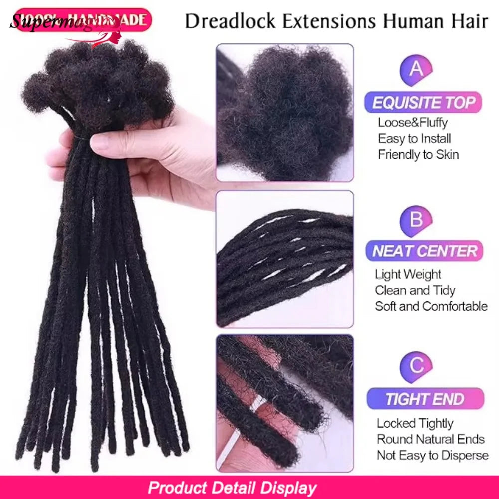 60Strands 0.4/0.6/0.8cm Human Hair Dreadlock Extensions Loc Extensions Human Hair Permanent Crochet Dreadlocks Human Hair 1B