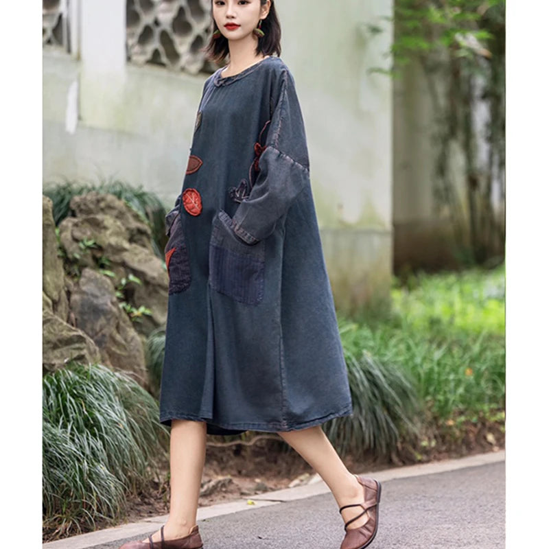 Masss Wasss 2025 Fall Females Classic Vintage Embroidery Oversized Denim Dresses Womens Fashion Loose Vestidos Leisure Clothes