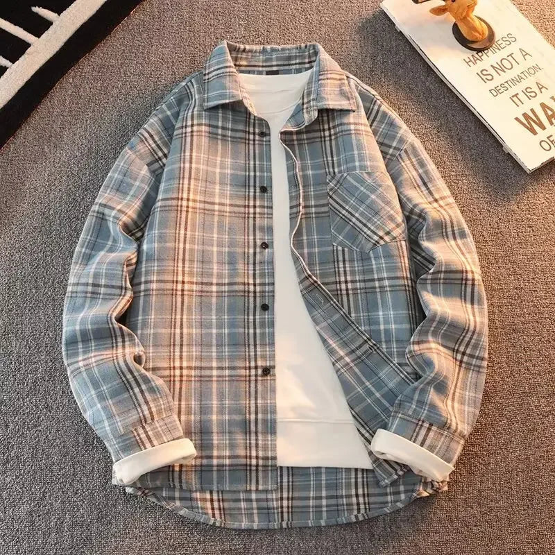 Retro Japanese Plaid Long Sve irt Men's Casual Loose Fit Spring Autumn Wear for Students And Couples Youth Faion