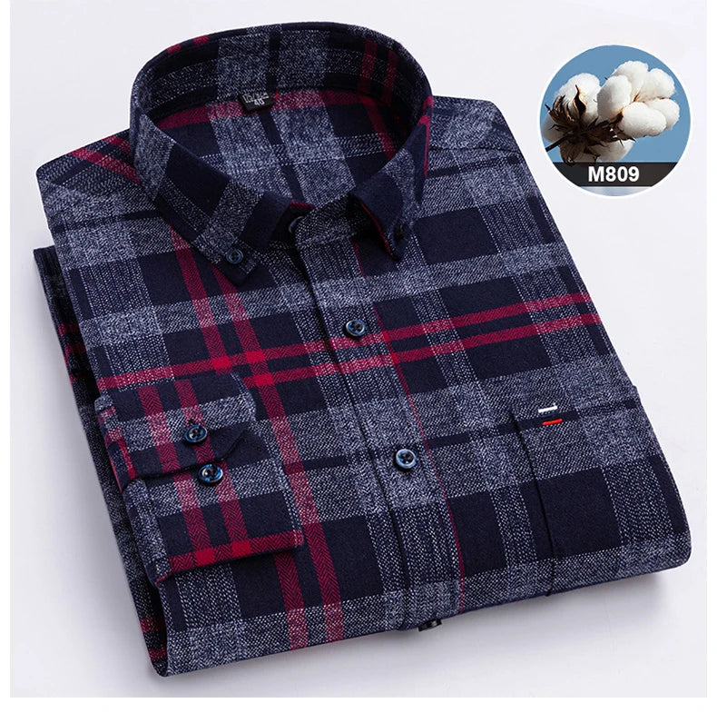 New in ShirtPlus Size 7XL 100% Cotton Sanding Long-Sleeve Shirts for Men Slim Fit Plain Shirt Striped Plaid Single Pocket Clothe
