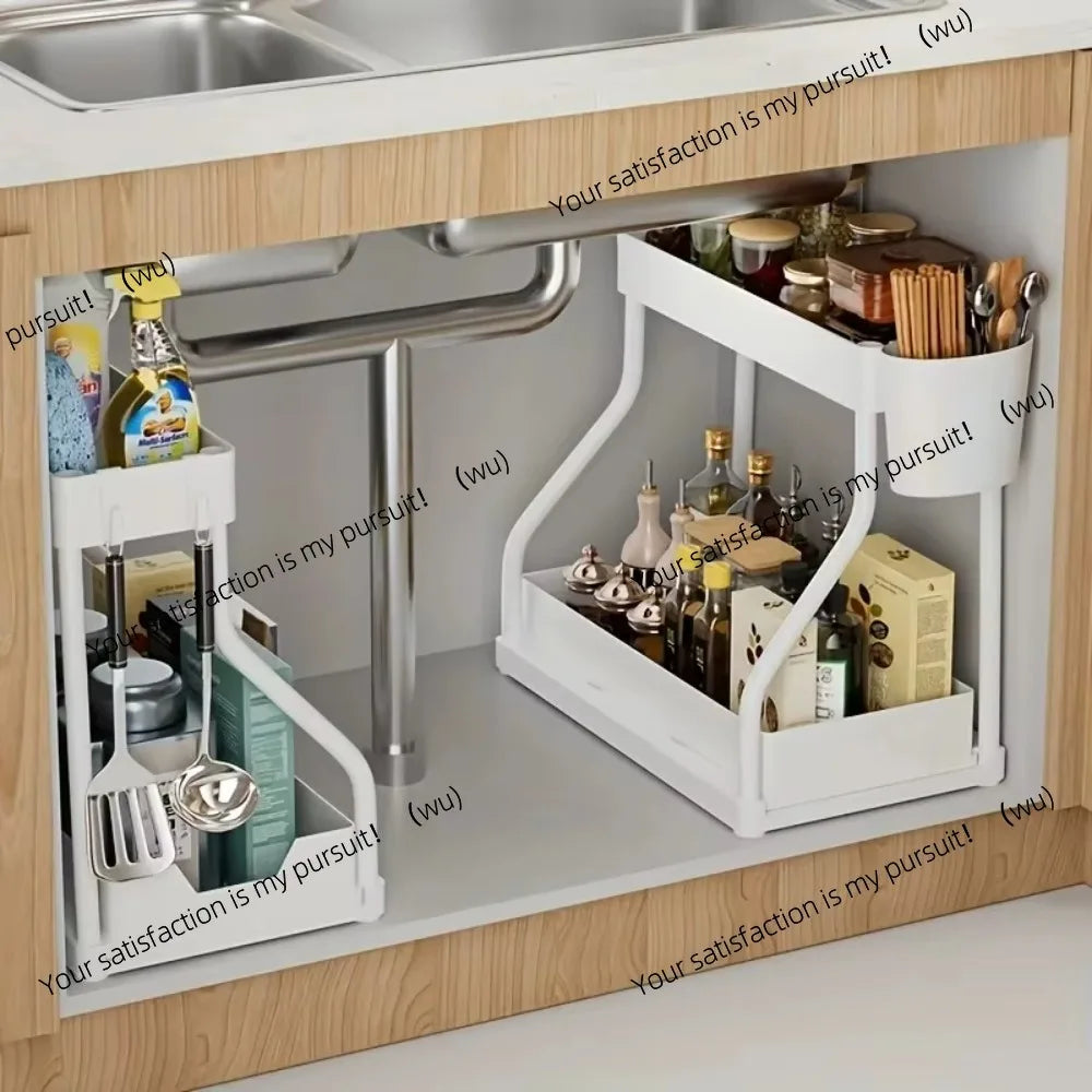2 Tier Slide Out Under Sink Organizer with Hooks Large Capacity Space Saving Storage Rack for Kitchen Bathroom Cabinet Durable
