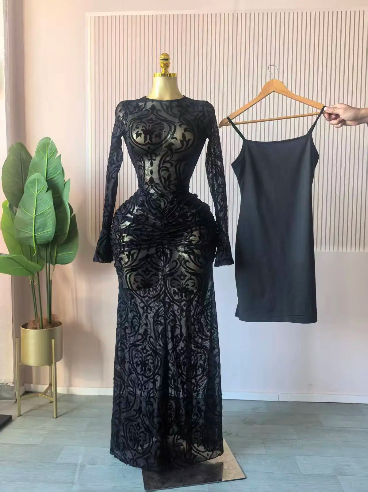 CM.YAYA 2025 Fall Women Long Sleeve Stacked Mesh See Though with Lining Bodycon Long Dress Evening Birthday Sexy Party Dresses