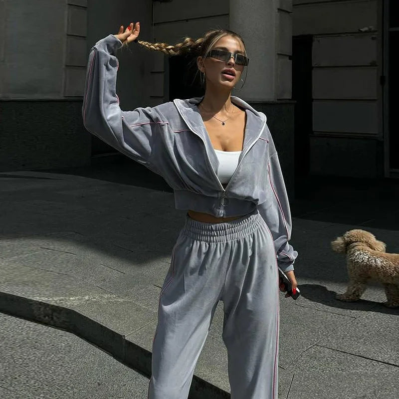 Women's Casual Solid Color Two-piece Short Stand-up Collar Jacket Wide-leg Pants 2026 Street Style Women's Clothing Set
