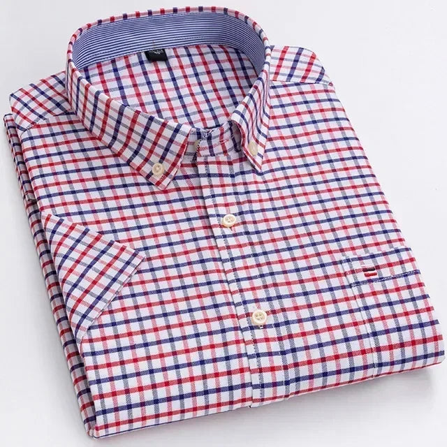 2025 100% Pure Cotton Men's Oxford Short Sleeve Square Collar Soild Plaid Striped Summer Casual Shirts Single Pocket  Shirt