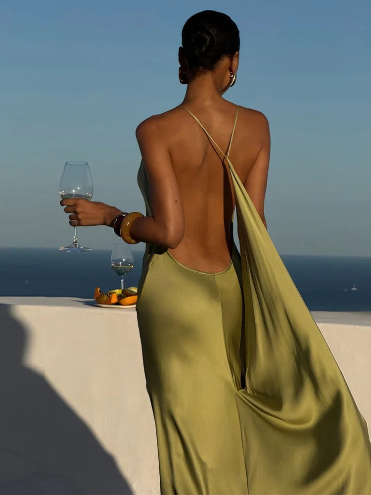 Backless Women Dress Satin Spaghetti Strap Maxi Dresses Back Tail Cowl Drape Front Neck Side Split Hem Elegant Evening Bodycon