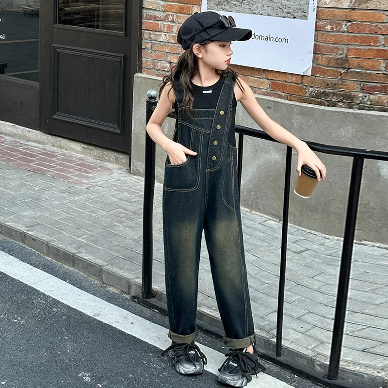 Elegant Children Jeans Jumpsuit with Broken Holes For Girls Fashion Overalls Streetwear Kids Denim Suspenders Pants With Strap
