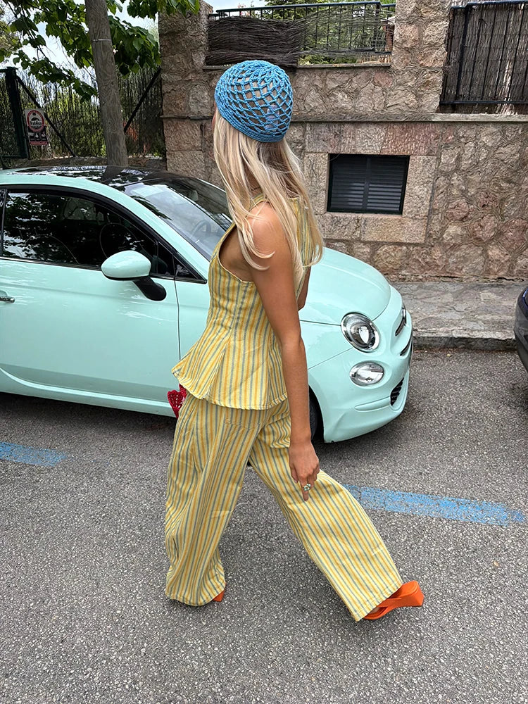 Casual Striped Pleated Vest Pants Women's Set Elegant Sleeveless O-neck Top Wide Leg Trousers 2026 Summer Vacation Lady Outfit