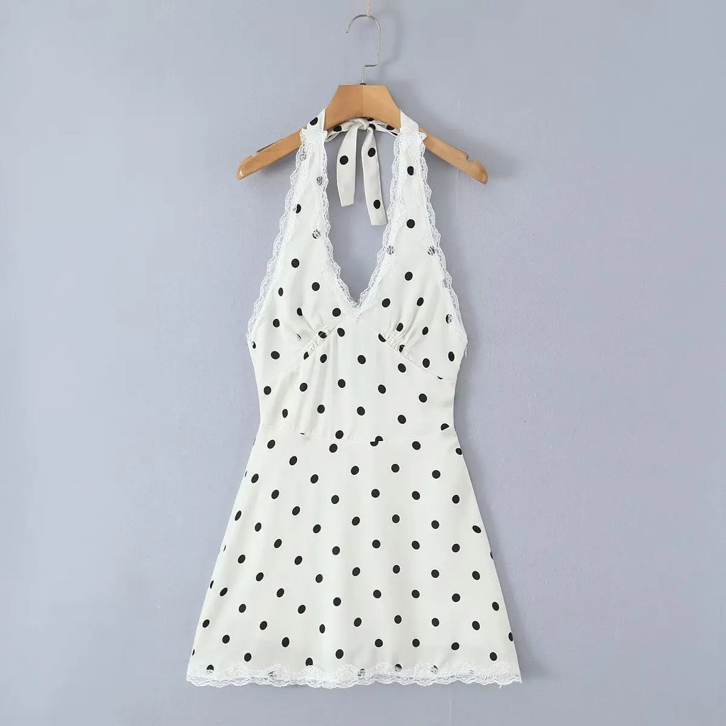 YENKYE Lace Spliced Polka Dot Halter Dress Women Elegant A-line Mini Sexy Backless Dresses Summer Robe 2025