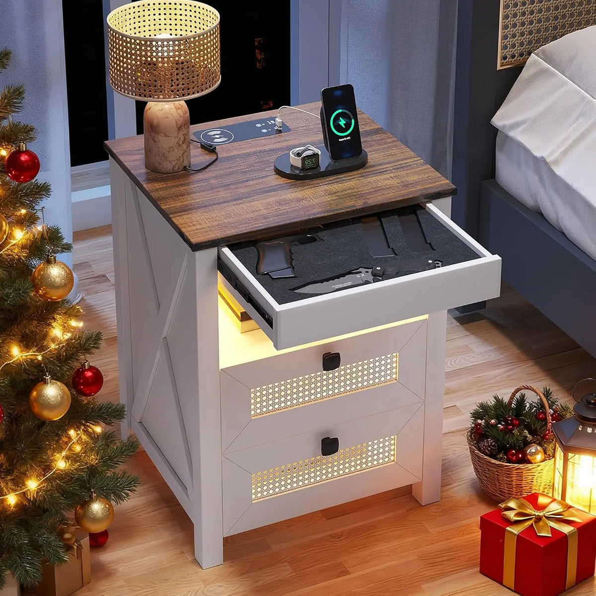 LED Nightstand with Gun Drawer & Charging Station | Human Sensor Lights, Hidden Storage, Farmhouse Rattan Style, 3 Drawers, Beds