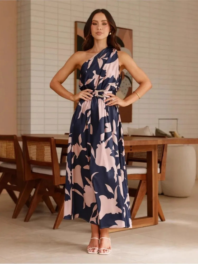 2025 Summer Fashion New Women's Sexy Vacation Dress Casual Elegant Bohemian Beach Skew Collar Off Shoulder Sashes Long Dresses
