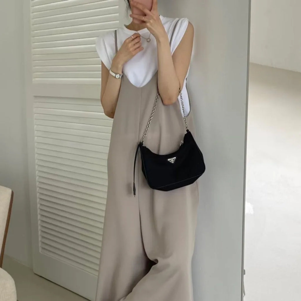 Versatile Loose Fit Slimming Shoulder Strap Pants Casual Pants Jumpsuit 2 Colors Drapey Comfortable Mid-aged Women's Pants