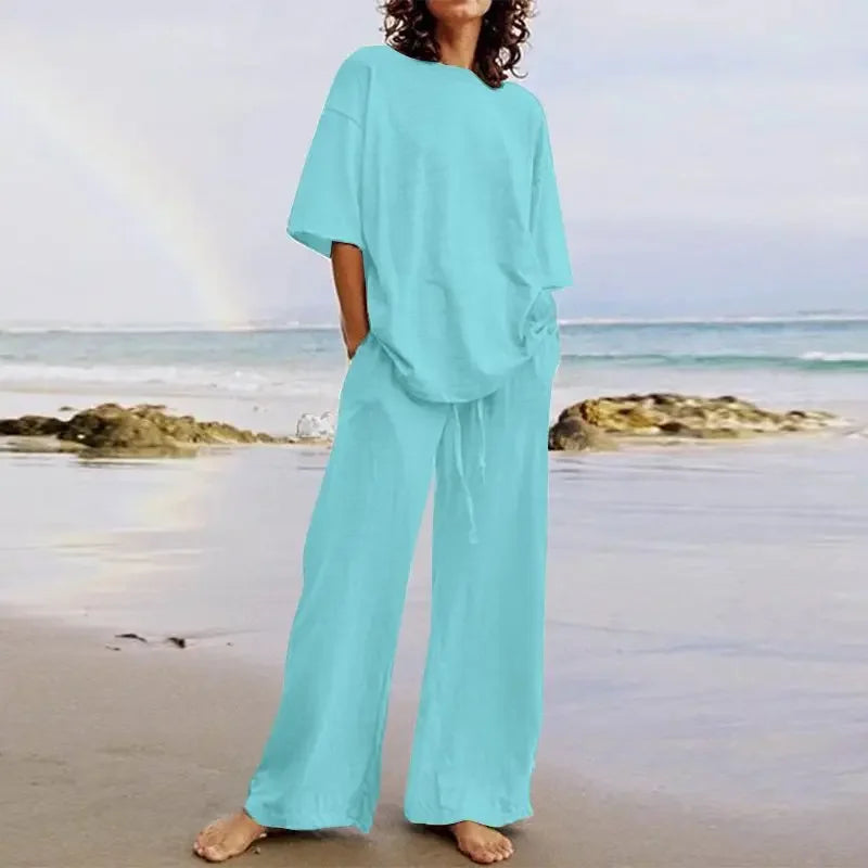 Fashion Women's 2-piece Set 2024 Summer Casual Pocket Set Half Sleeve O-Neck Top and Wide Leg Large Outline Pants Set