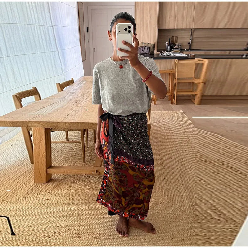 High Waist Wrap Tie Midi Skirt Color Block Abstract Floral Patchwork Print Flowy Satin Skirts 2026 Summer Holiday Boho Chic Wear