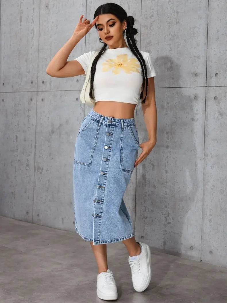 Tight Elastic Medium and Long Denim Slim Bottom Knee Split One Step Hip Wrap Skirt