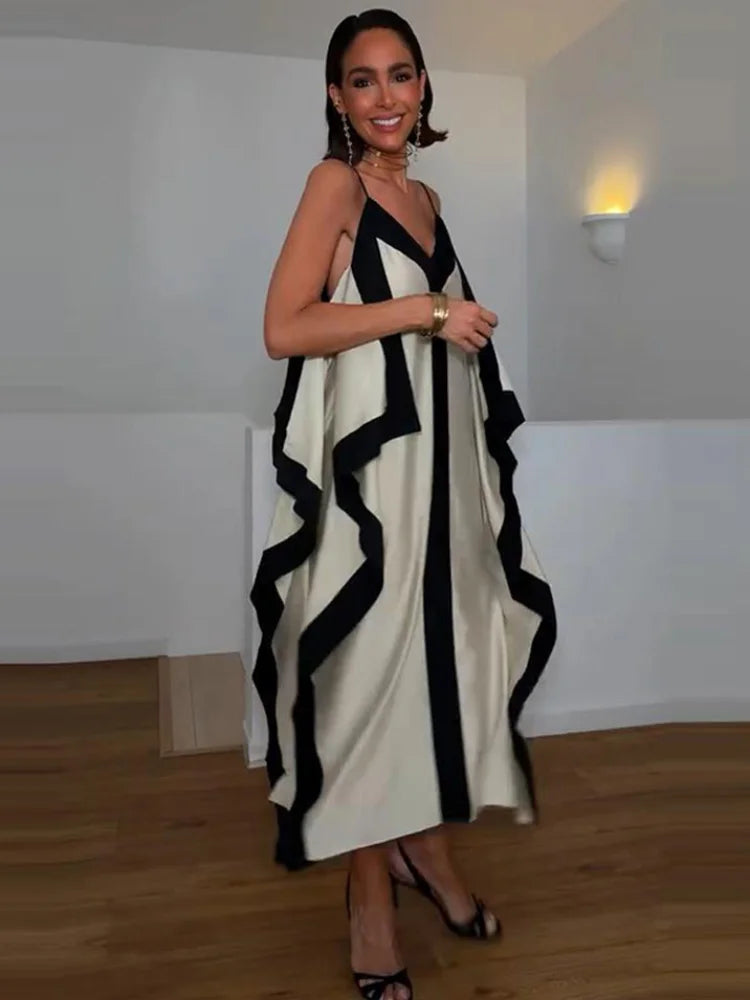 Contrast Black Trim Satin Cami Maxi Dress Deep V Neck Loose Flowy Ruffle Hem Lady Long Gown 2026 Summer Formal Vacation Dresses