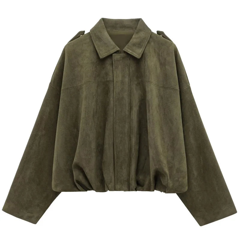 2026 Women's Bomber Jacket Lapel Long Sleeve Zipper Suede Jacket Women New High Street Cropped Racing Jackets Coats Outerwears