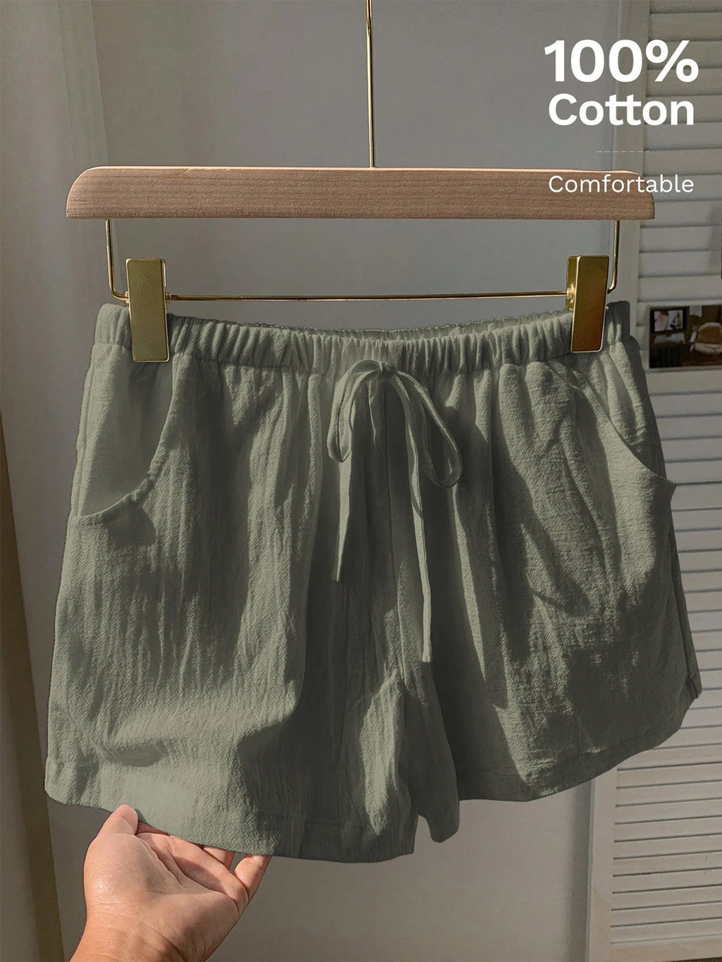 Ladies New Spring Summer Linen Solid Color Casual Sports Elastic Waist Drawstring Short Pants
