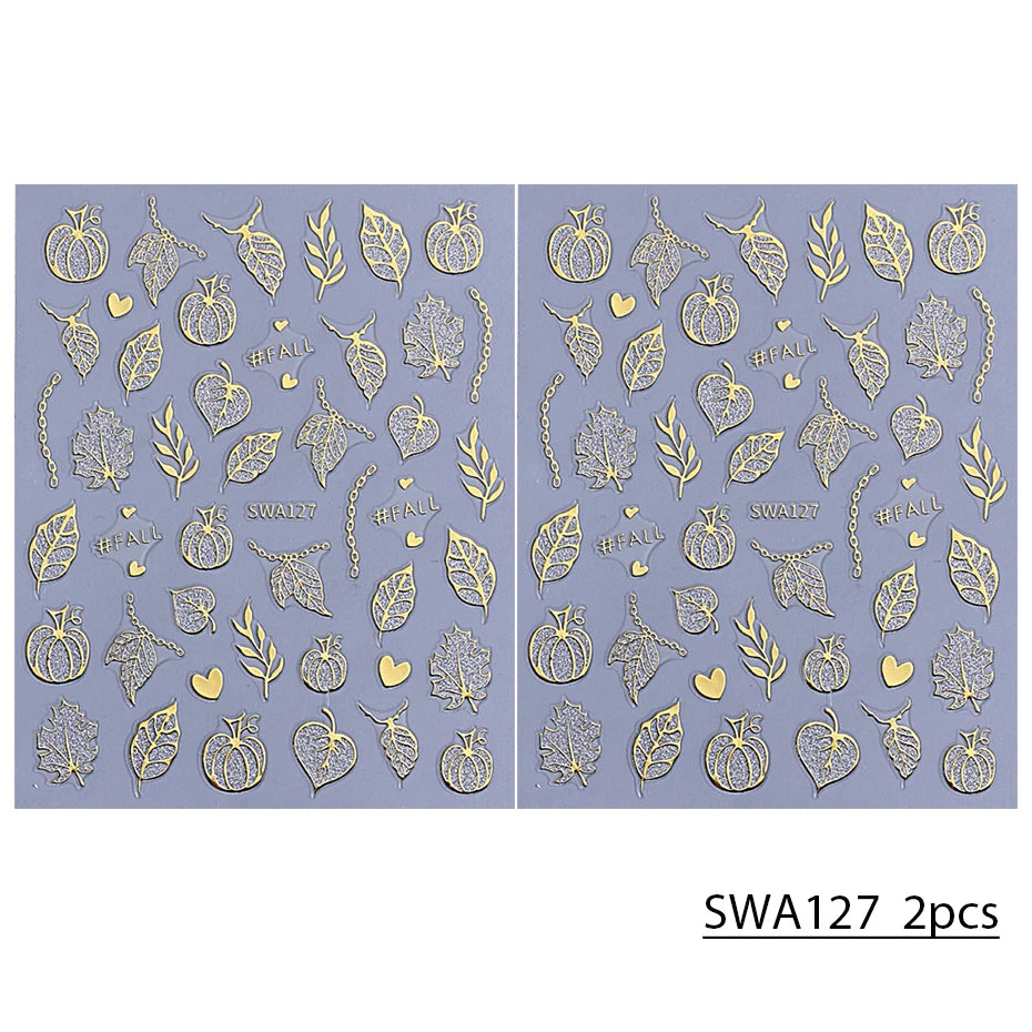 2pcs Glitter Pumpkin Nail Art Stickers Autumn Shiny Fall Leaves Designs 3D Self Adhesive Nail Decals DIY Manicure Decoration