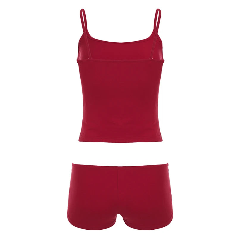 [RUOKE] Sexy Lounge Set Women 2 Piece Suit Bodycon Slim Fit Casual Outfit Spaghetti Strap Cami Top Mini Shorts Set Spring Summer
