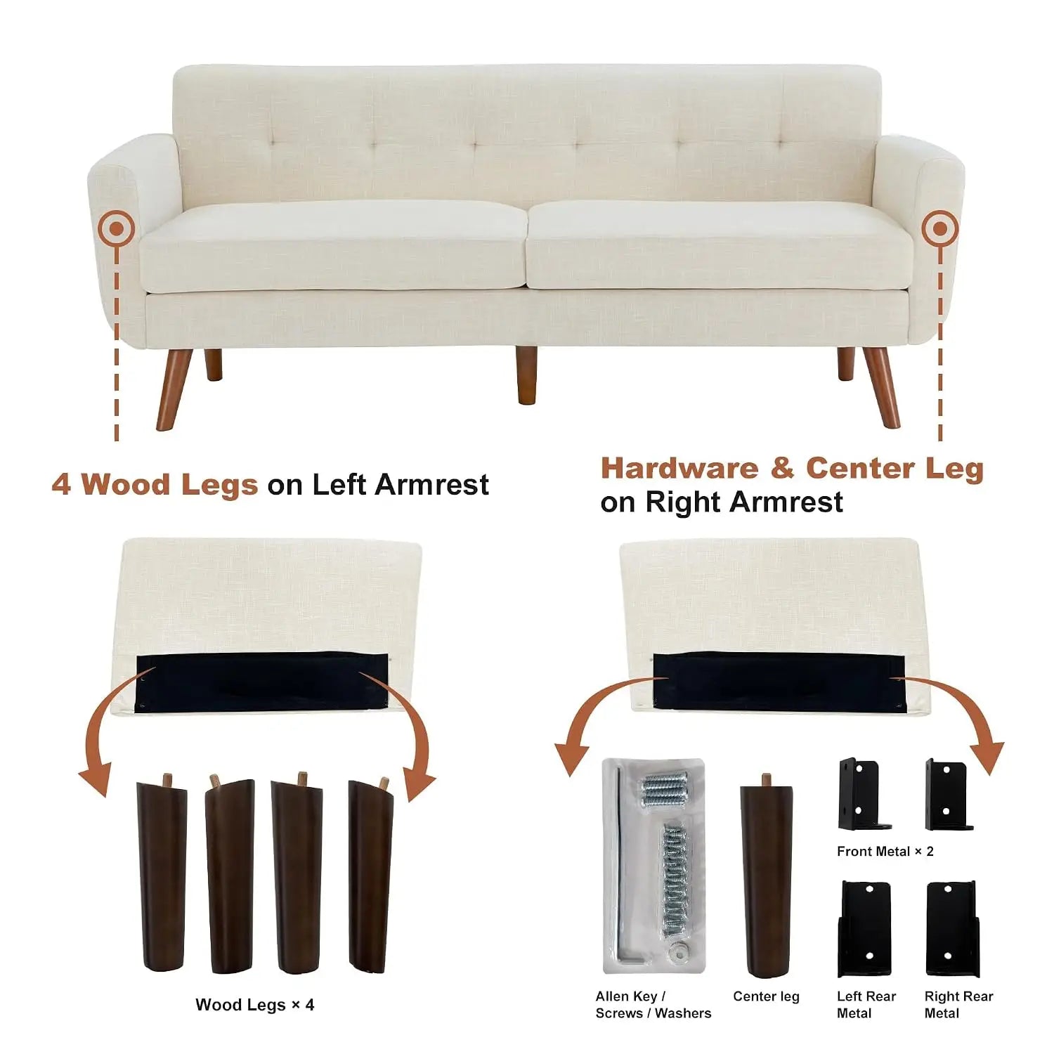 Linen Sofa Loveseat Mid Century Modern Button Tufted Upholstered Solid Easy Install Living Room Bedroom Beige, Customized