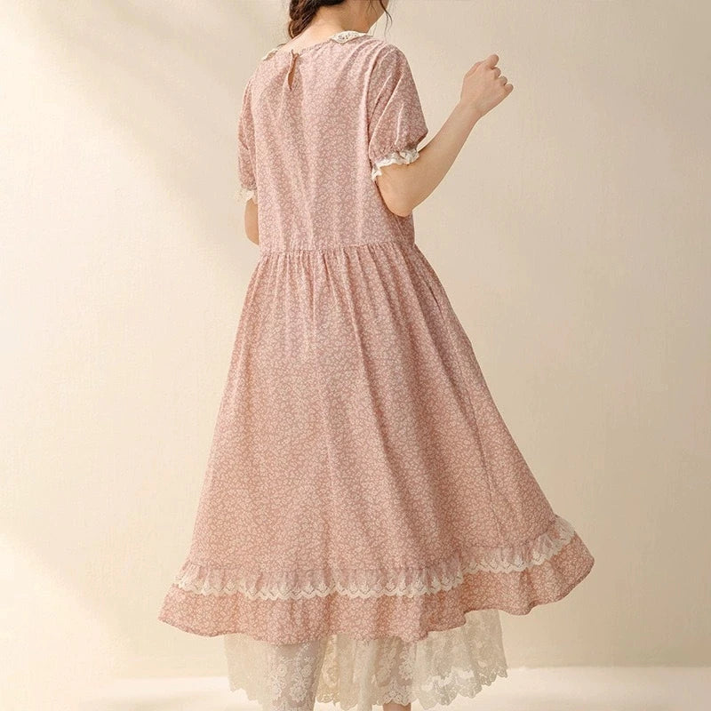 Vintage Ruffled Cotton Linen Flower Dress Women's New Summer Peter Pan Collar Short Sleeve Loose Boho Dress Casual Midi Vestidos