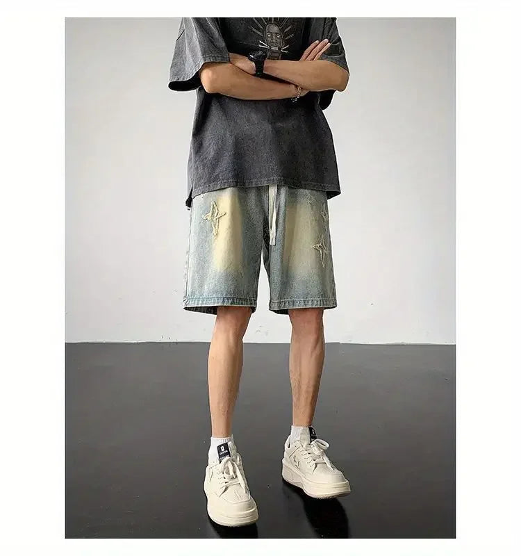 Embroidered Denim Shorts Men's Summer American Retro Street Five-point Pants Trendy Brand Trendy Loose