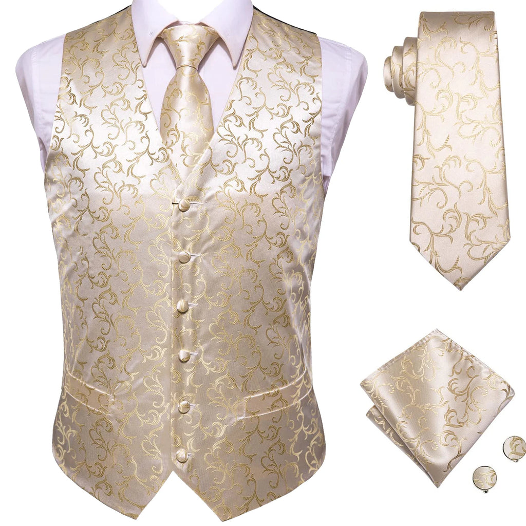 Hi-Tie Silk Mens Waistcoat Tie Set Gold Brown Orange Beige Ivory Khaki Bronze Sleeveless Jacket Suit Vest Necktie Hanky Cufflink