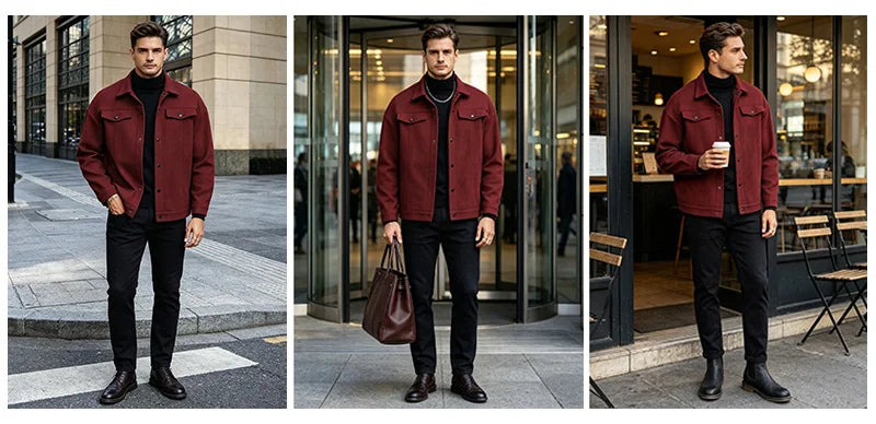 Men Loose Short Shacket Soft Brushed Fabric Autumn Winter Business Daily Casual Fake Decor Chest Flap Lapel Fashion Outer Jacket