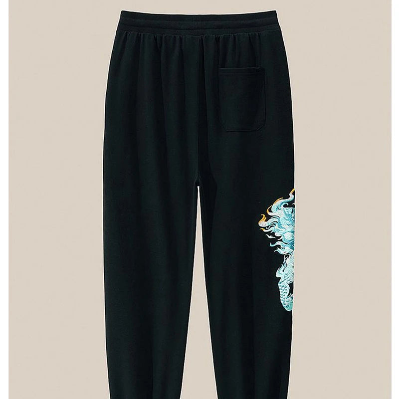 Lyprerazy Men's Casual Pants Embroidered Cotton Sweatpants National Tide Loose Straight Elastic Waist Pants