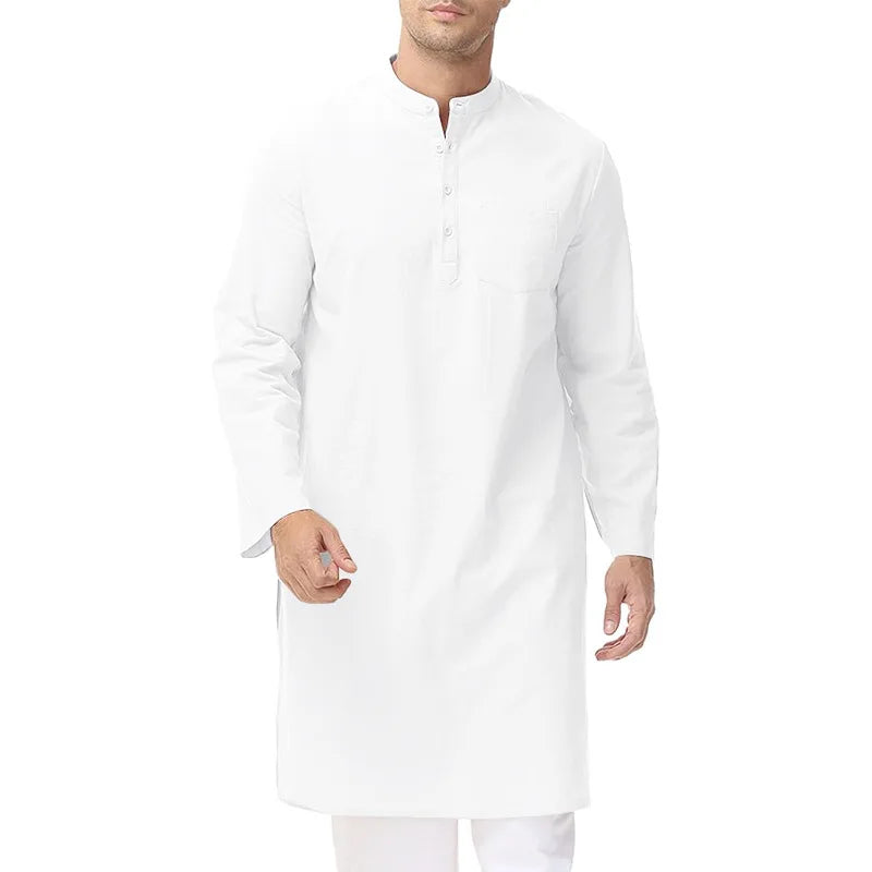 2025 New Fashion Men's Cotton Long Sleeve Stand Collar Knee Length Casual Trendy Solid Color Jubba Thobe Male Muslim Clothes