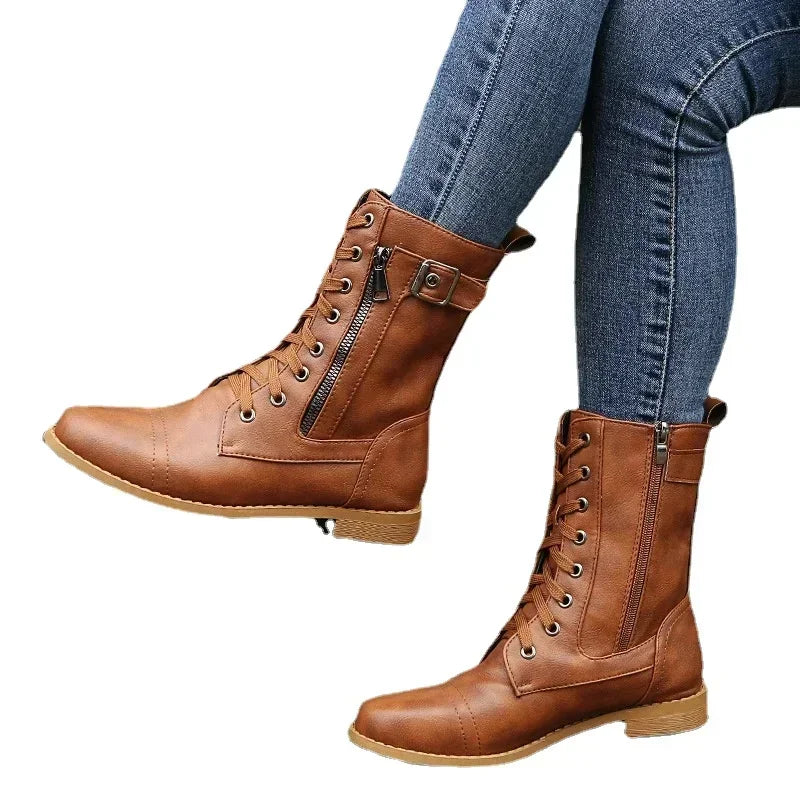 Women's Square Heels Ankle Booties  Autumn Winter PU Leather Short Work Boots Woman Plus Size Lace Up Elastic Botas Mujer 2024