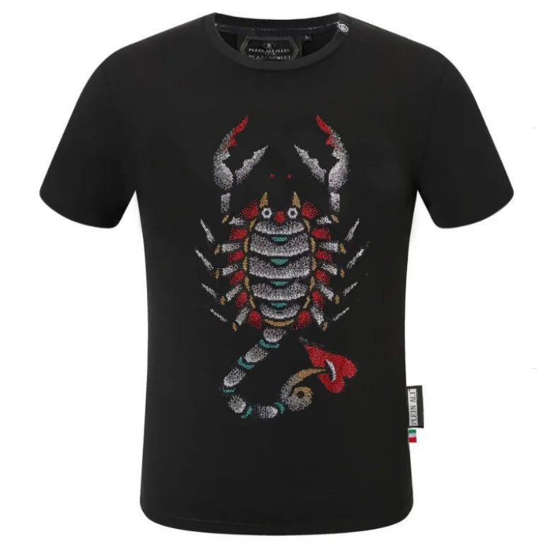 2025 Summer New Luxury Men's Fashion Skull Design Rhinestones T-Shirt Pure Cotton Crew-Neck Casual High Quality